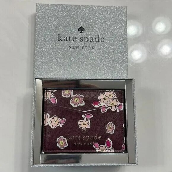 kate spade Tinsel Deep Berry Glitter Fabric Boxed Card Case Holder Wallet NWT - Picture 1 of 5